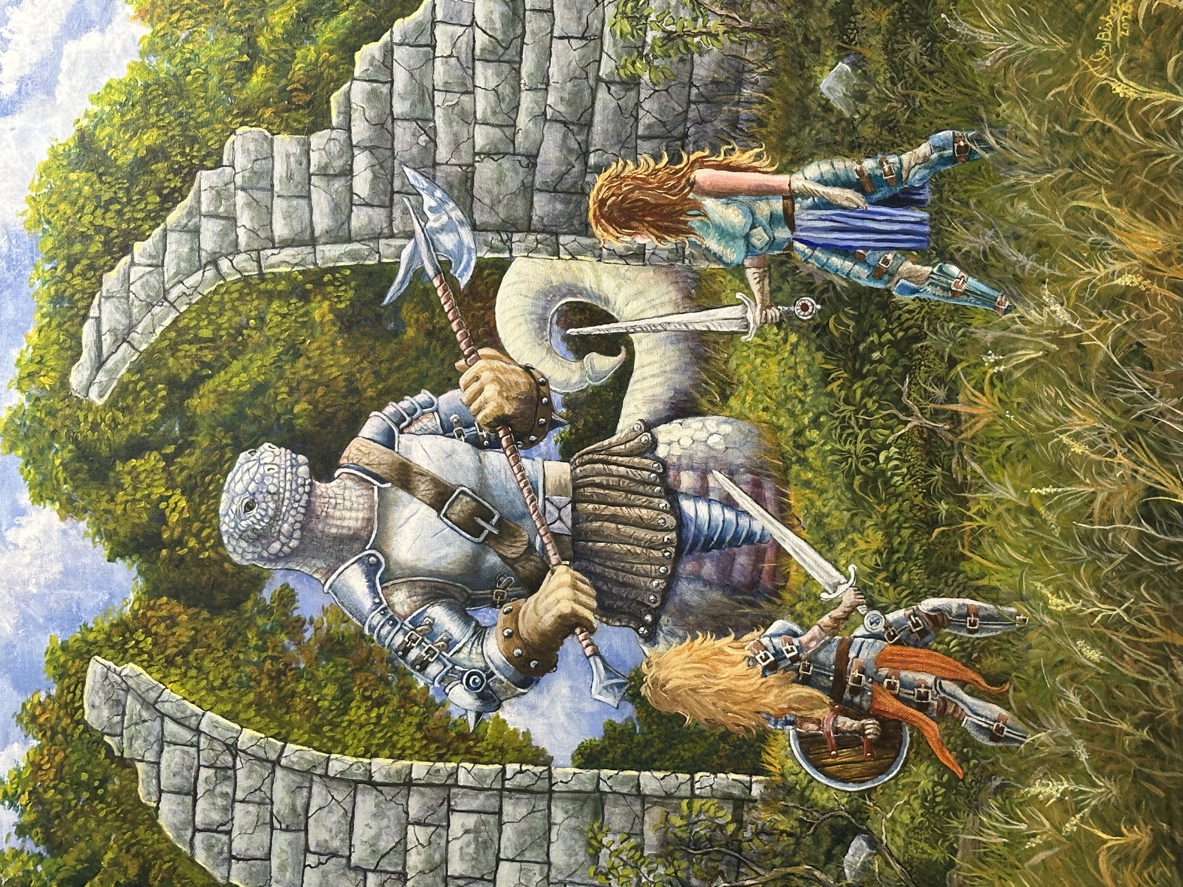 A plate-armored knight with a halberd and a viking-style fighter with a sword, locked in combat amid the broken arches of an old stone stronghold surrounded by green forest.