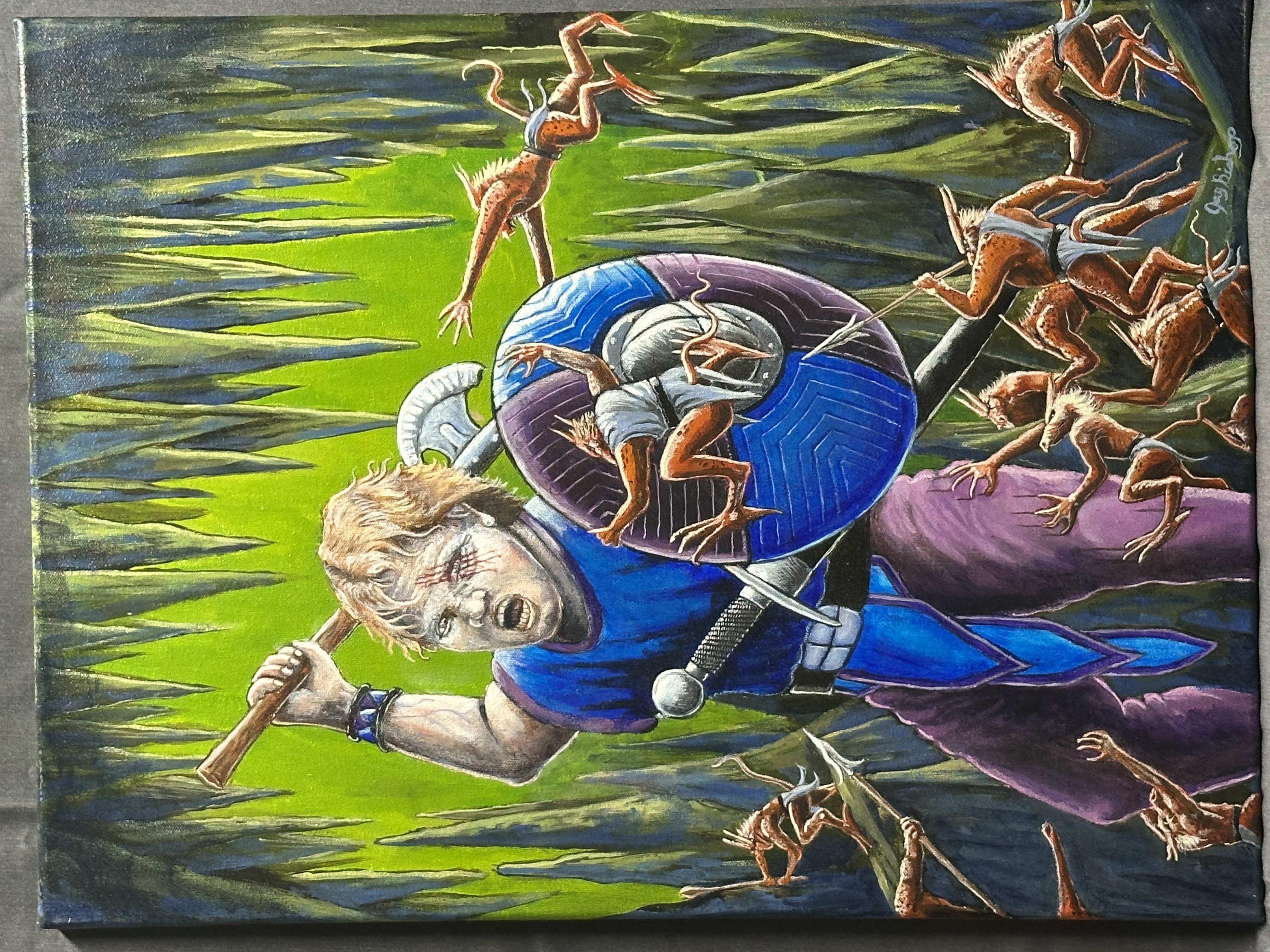 A blue-cloaked warrior with shield raised and sword drawn, fending off a swarm of small skittering imp creatures emerging from trees in a green meadow.