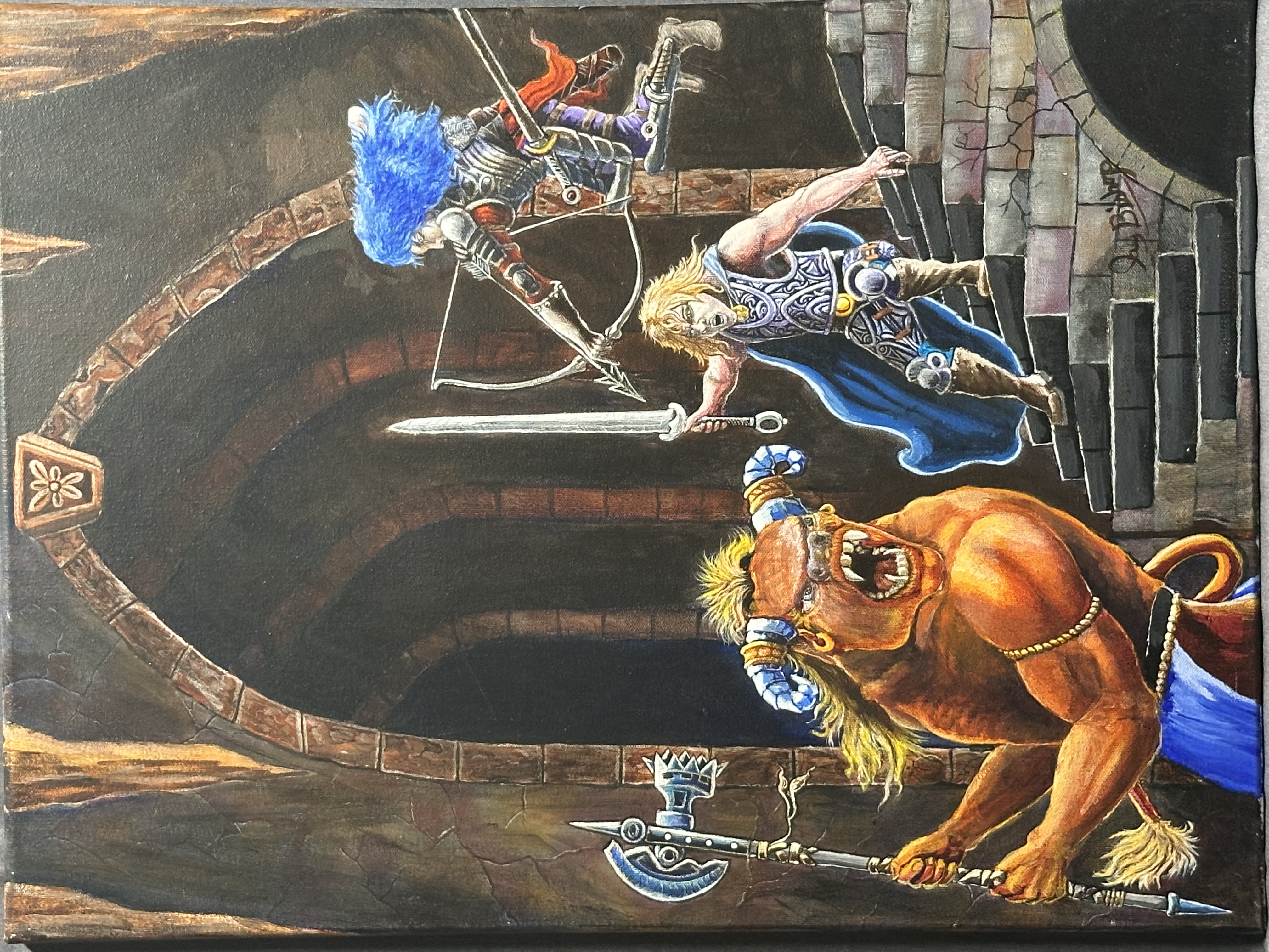 An adventuring party — a knight with a bow and a caped fighter with a sword — facing a chained minotaur inside a curved stone lair.