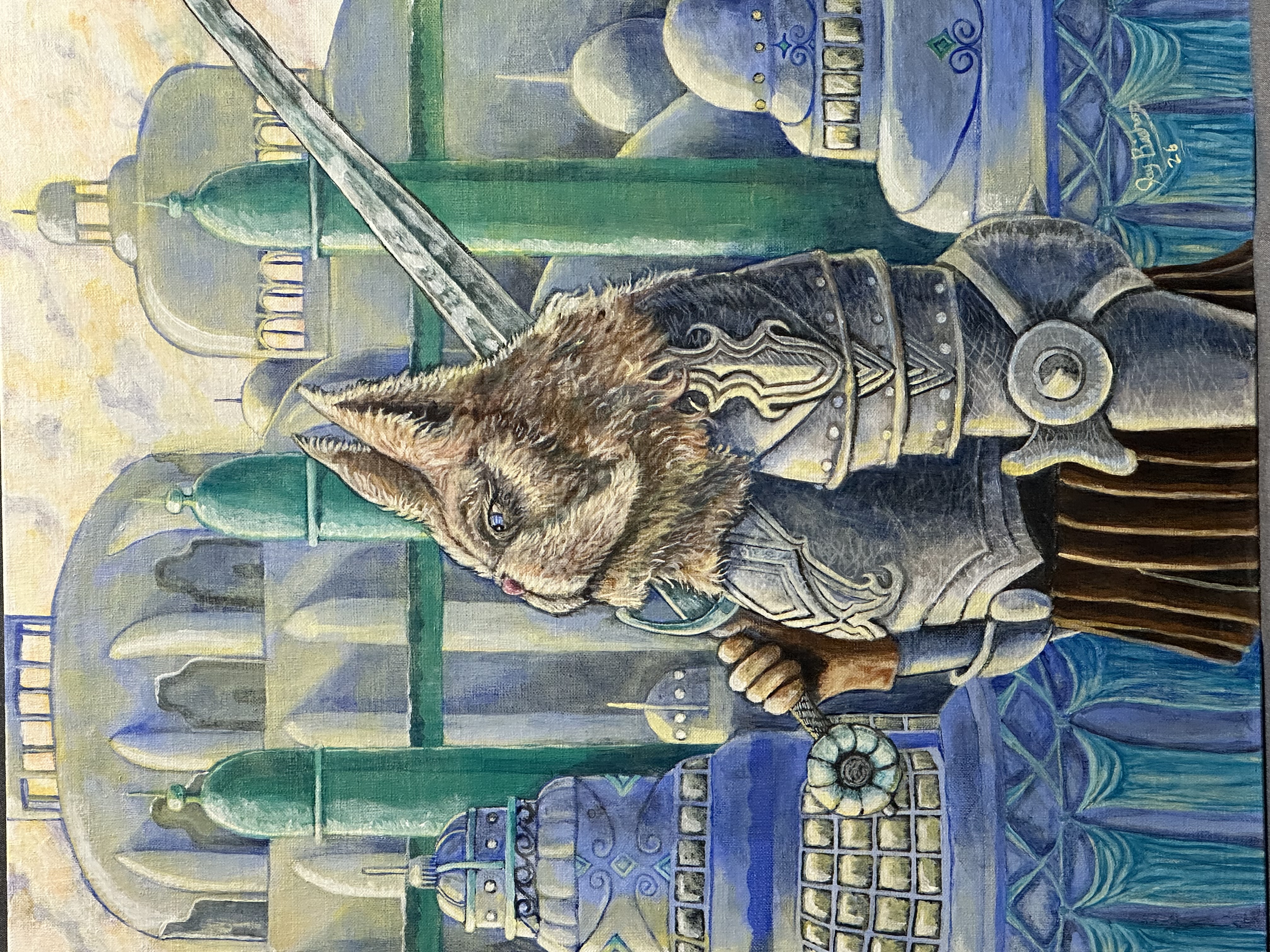 Knight Darius Flatpaw — a cat-headed knight in ornate silver plate armor with sword drawn, standing before a backdrop of pale blue and green tiered spires.